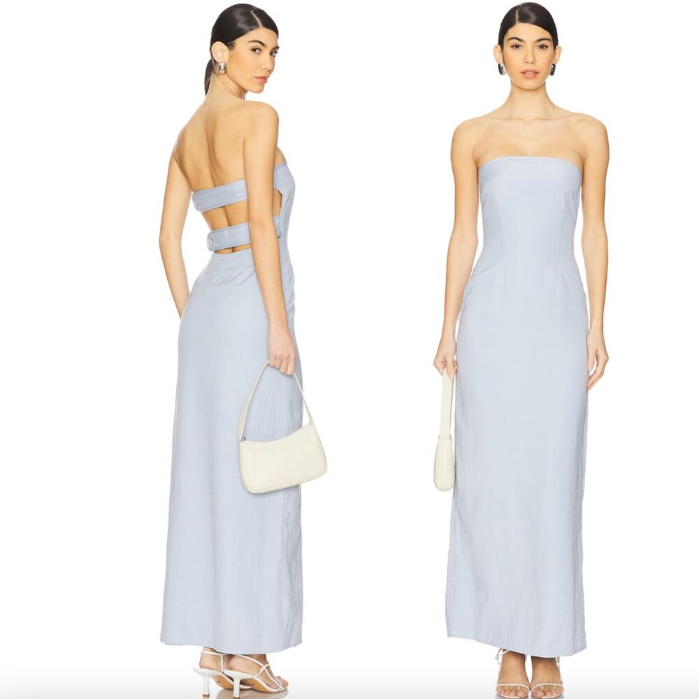 NEW La Porte Romy Strapless Panel Back Maxi Dress in Cashmere Light Blue XS